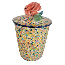 VTG Mary Rose Young Rainbow Speck Whimsical Art Pottery Jar Pot Rose Handle Lid