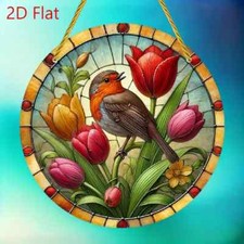 Robin Bird Tulip Flowers Suncatcher Stained Glass Effect Home Decor Gift