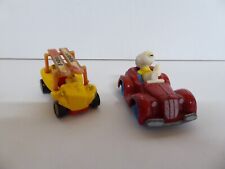 2 Vintage Snoopy Peanuts Die Cast Toy Cars Yellow Beach Buggy & Red Roadster