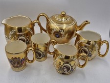Vintage Queen Elizabeth II Coronation 1953 Sadler Gold Teapot Cups Milk Jugs