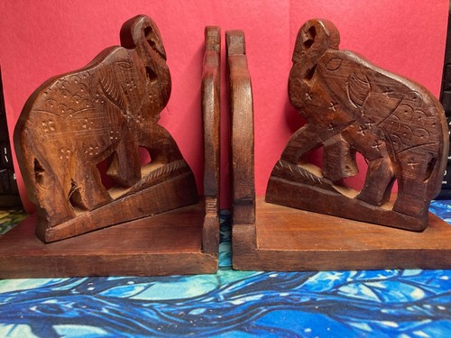 Carved wood elephant bookends - wood,