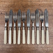 Vintage Knives & Forks Faux Bone Handles x5 Old English Cutlery
