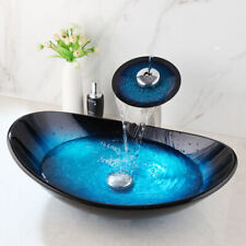 Bathroom Oval Glass Vessel Sinks Countertop Basin Bowl Combo Mixer Faucets Taps