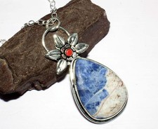925 Silver Plated Decent Sodalite Red Coral Leaf Necklace Gemstone 18" AU U055
