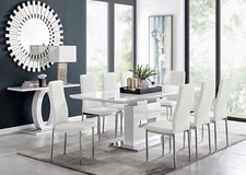 AREZZO White High Gloss Extending Dining Table & 8 Faux Leather Milan Chairs