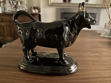 Vintage English Pottery Cow Creamer Jug Staffordshire Style Black Glaze 18cm