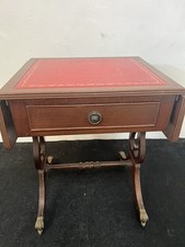 Antique Wooden Regency Drop Leaf Sofa Side Table Lyre Base Mahogany Red  Leather