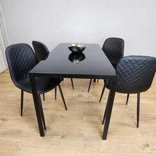 Black Glass Dining Table Set with 4 Leather Chairs Modern Italian Design