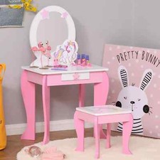 Kids Dressing Table, Girls Vanity Set with Mirror and Stool - Unicorn-Designed