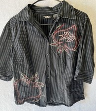 Harley Davidson Mens shirt button down Large black pinstripe spades short sleeve