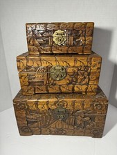 Antique Chinese Camphor Wood Chest Box Nesting Deep Carved Lid Nesting Dovetail