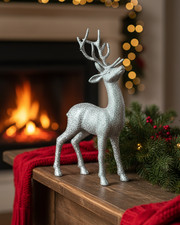 Silver Glittered Stag Ornament 25 cm Reindeer Christmas Decoration Home Decor