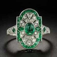 Art Deco Vintage Style Oval Emerald Milgrain Engagement 14K White Gold FN Ring