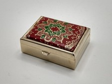 Vintage Pill Box Leather Padded Brass Trinket Red Gold Hinged Lid