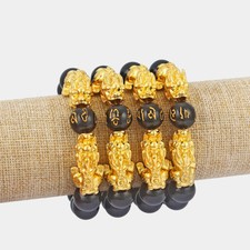 Gold Metal Pi Xiu Double Chinese Dragon Lucky Bangle 13mm Black Beads Bracelet