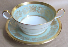 AYNSLEY CHINA IMPERIAL NILE GREEN SOUP COUPES AND UNDERPLATES - MINT (10971)