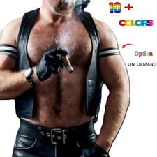 Mens Leather Bar Vest Sexy Fetish Front Open Gay BLUF Black Biker waistcoat UK