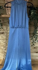 Ex Ted Baker Denim Blue Satin Sleeveless High Neck Wide Leg Jumpsuit Size 10