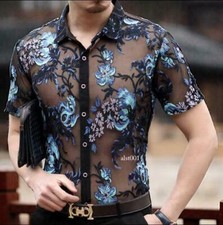 Chic Mens Summer See-through Blouse Short Sleeve Embroidery Flower T-Shirt Tops