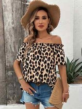 Women's Leopard Print Blouse Top, Off-The-Shoulder Design, Size Medium Large, XL
