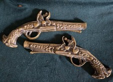 Pair of Vintage Solid Brass 70s. 9" Wall Hanging Dueling Pistols Flintlock Guns