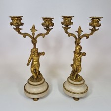 Antique 19thC Pair French Gilt Bronze & Marble Candelabra Putti, Faun 30cm High