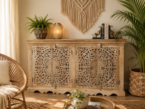 Carved mango wood sideboard - carved,