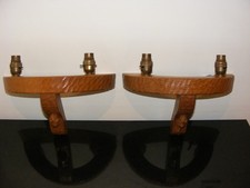 Classic Robert Mouseman Thompson Pair of Double Wall Lights In Solid Adzed Oak