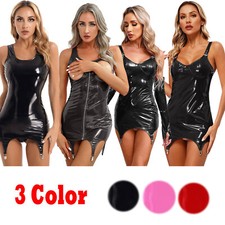 UK Women's Sexy Wet Look Bodycon Mini Dress Sleeveless Latex Mini Garter Dress