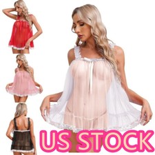 -Lingerie Women Babydoll Sheer Mesh Nightgown Lace Trim Camisole Slip Top