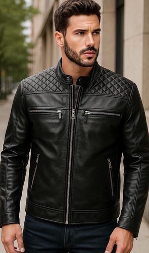 Men black leather biker - leather,