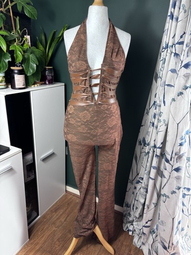 Brown lace halter jumpsuit - halter, uk