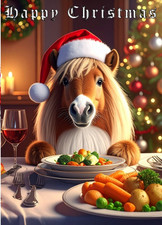 SHETLAND PONY CHRISTMAS CARD WITH A PONY IN A XMAS HAT WITH CHRISTMAS DINNER
