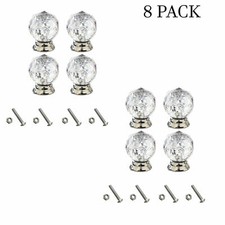 4pc Small Door Knobs Round Clear Crystal Glass Diamond Pulls Handle & Screws UK