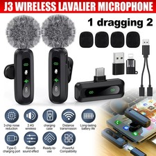 2x Wireless Lavalier Microphone Phone Mic Plug-Play Lapel Mic for iPhone Android