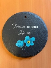 Hanging Round Shaped Slate Memorial Plaque with wording for Grave or Garden