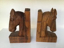 Vintage Hand Carved Rustic Wooden Horses Heads book ends