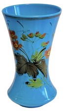 Antique French 19th Century Blue Opaline Glass Vase Hand Painted Flowers 11”