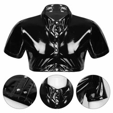 Crop Tops Blouse M-3XL Mens PU PVC Shiny Shirt Short Sleeve Slim Summer
