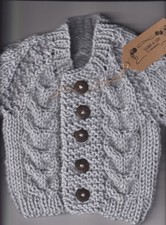 19" 0-3 mths ~ ARAN style Baby Cardigan  ~Grey~Hand Knitted (NEW)  D07401