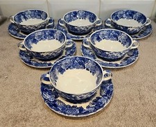 6 x Enoch Woods ENGLISH SCENERY 2 Handled Soup Bowls & Saucers Blue