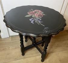 Vintage Wooden Round Folding Occasional Table Painted Black Floral- Barley Twist