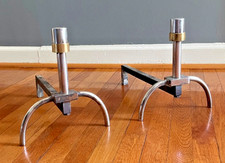 Vintage Deco Andirons Chrome-Brass & Iron French Mid Century Modern Fireplace