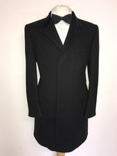 CROMBIE - Mens Long BLACK WOOL COVERT COAT - UK 40 Reg - STUNNING RED LINING