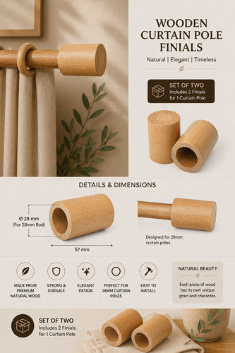 Wooden curtain pole - wooden, finials