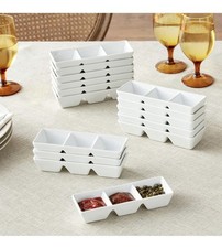 (23) White Porcelain 3-Compartment Rectangular Divided Tray 7” x 2.5” x 1.5 oz