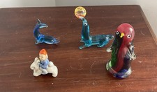 Murano Penguin And 2 Murano Style Seal With Ball/dolphin Lucky Lephracaun Whimsy