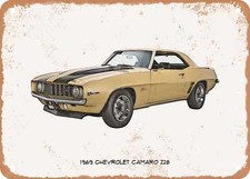Classic Car Art - 1969 Chevy Camaro Z28 Pencil Sketch - Rusty Look Metal Sign 2