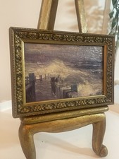 Antique Miniature Dutch Oil Painting Sea Hargen Pier Victorian Stormy Gilt Frame