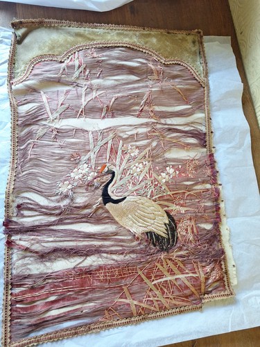 Antique french silk panel hand - panel,